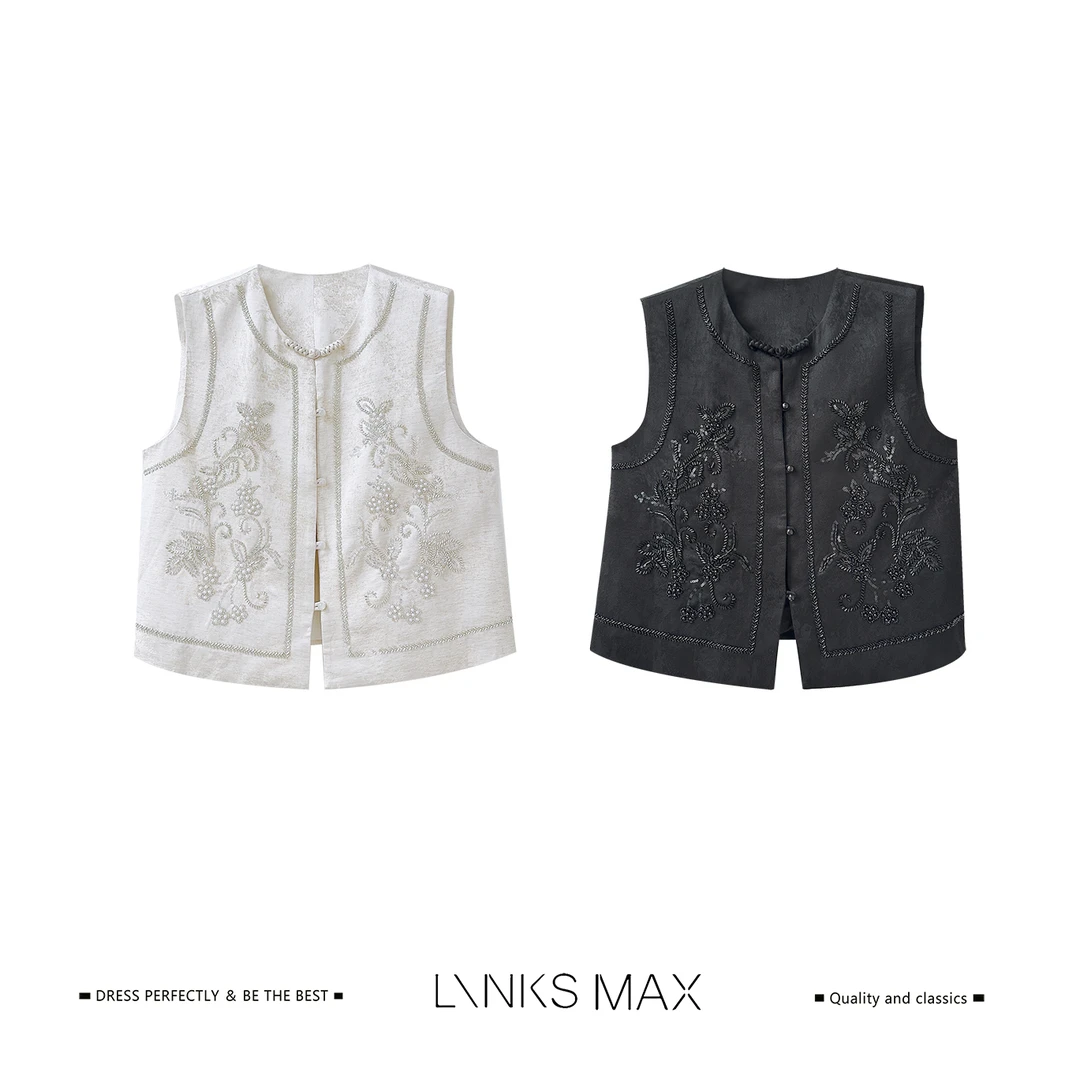 Links Max【路飞专属】东方美缎面立体刺绣钉珠中式盘扣马甲61166