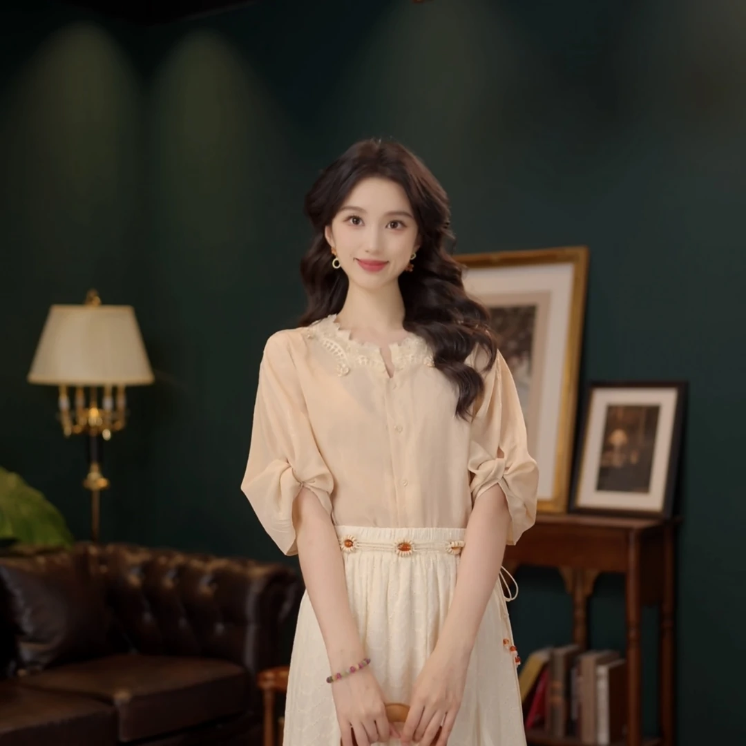 琦琦【郁色失语】温柔衬衣休闲百搭短袖衬衫女夏季上衣YF1102642