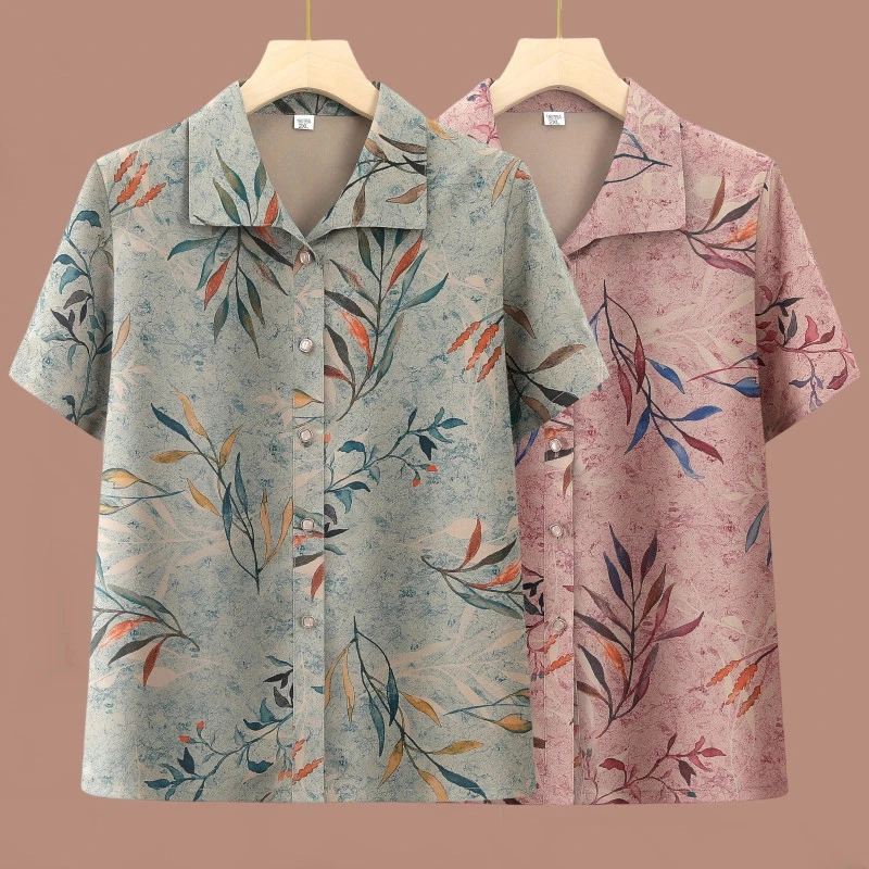 中老年人夏装女妈妈休闲短袖上衣衬衫奶奶装老人衣服开衫翻领上衣