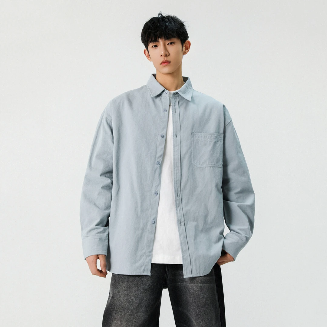 美式重磅纯棉长袖衬衫男款春季潮牌宽松休闲叠穿纯色工装衬衣外套