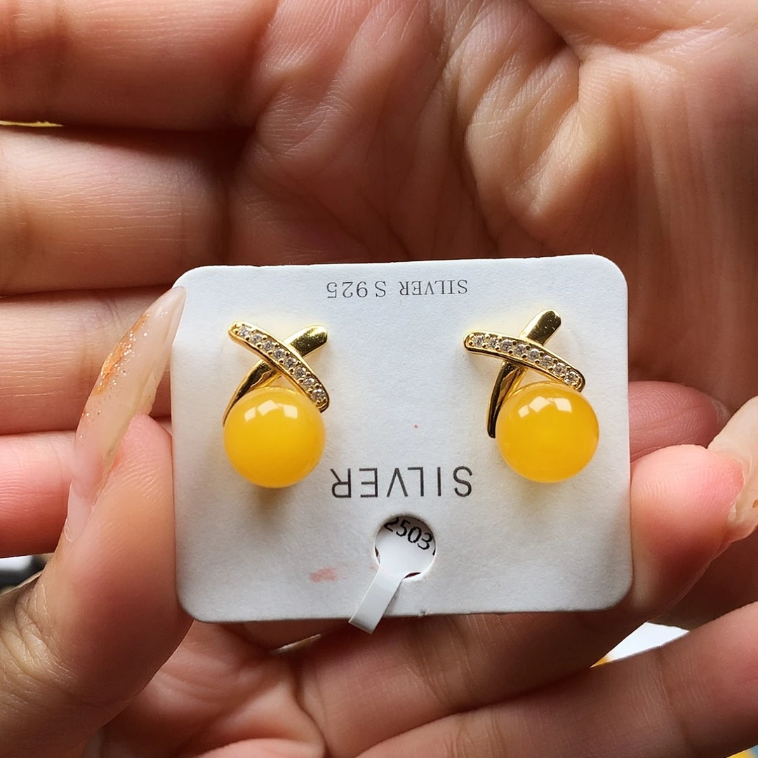 蜜蜡银S925镶嵌耳饰耳钉