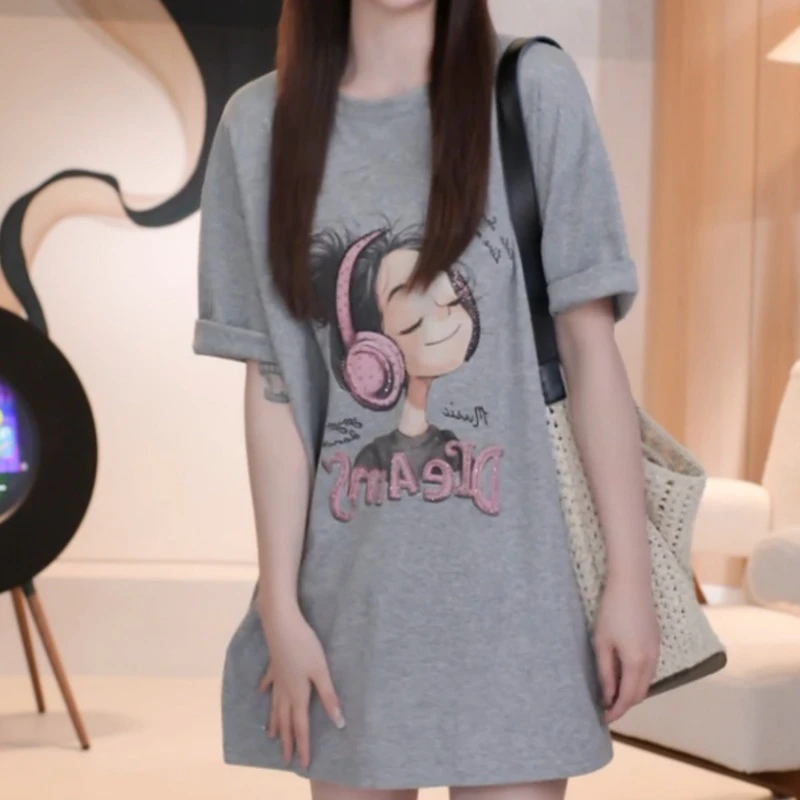 松百搭耳机女孩后背蕾丝绑带字母短袖T恤LK2503303-1