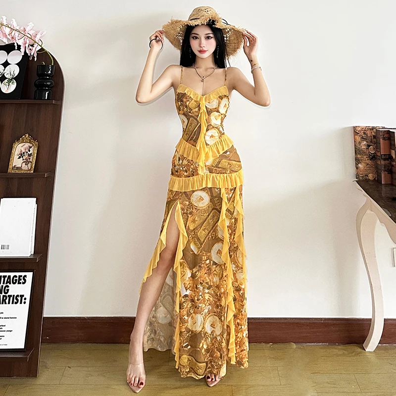 Malou 波西米亚度假风复古花纹荷叶边拼接性感吊带裙女K25D62888