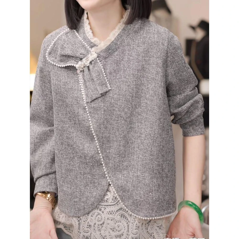 时尚设计感小香风立领打底衫2025春秋新款蕾丝拼接假两件长袖上衣