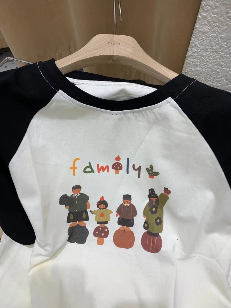 2025年新款韩系宽松慵懒休闲风插肩袖卡通印花减龄短袖T恤