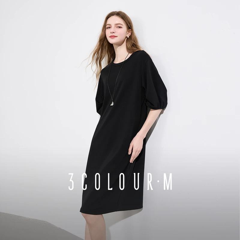 三彩2025夏季新款圆领宽松连衣裙休闲直筒裙落肩袖简约度假M