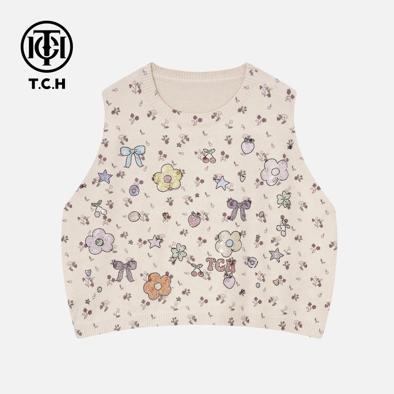 TCH私服冬款慵懒风烫钻时尚淑女米色针织衫T75D09E5022轻奢tch