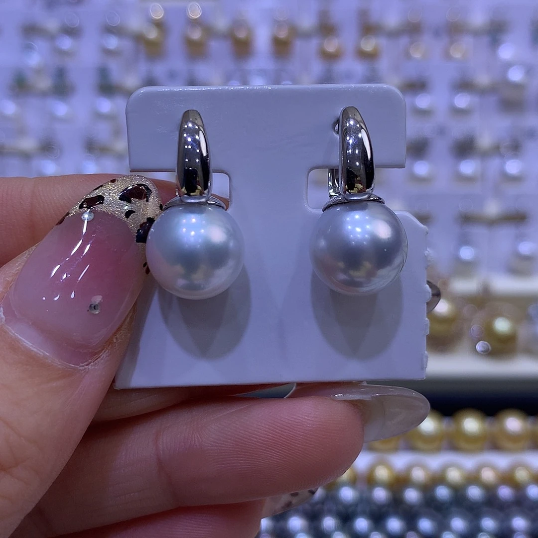 海水珍珠耳饰18K金镶嵌11/12mm澳白