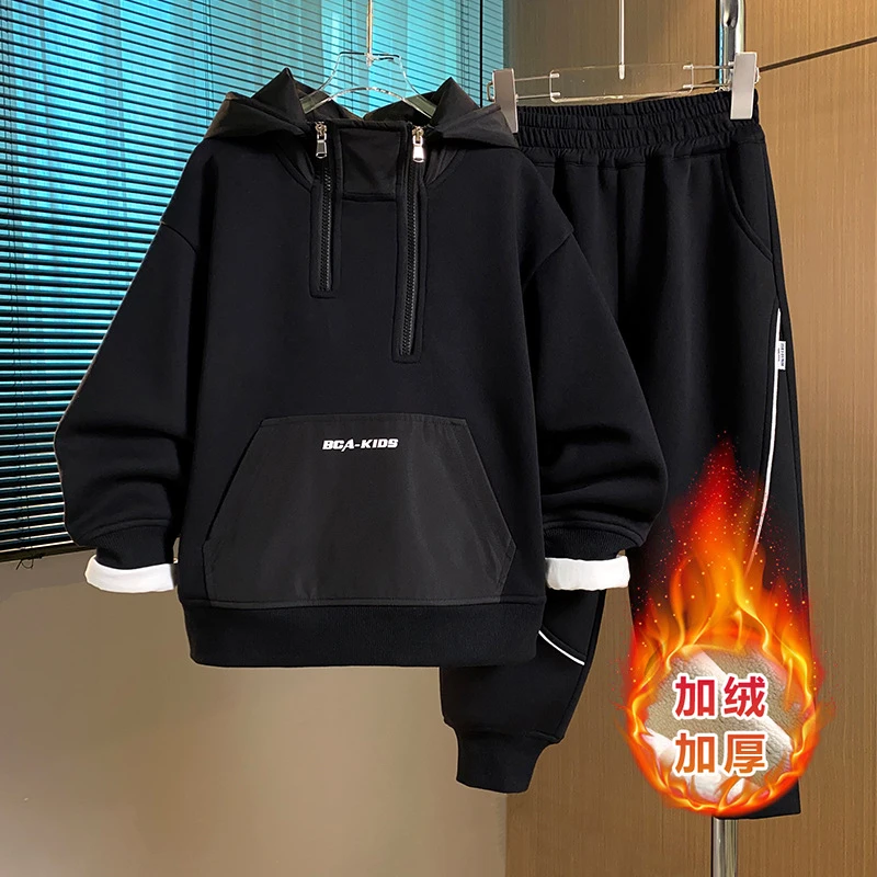 童装新款中大童秋冬加绒两件套男童冲锋衣连帽加厚套装上衣潮