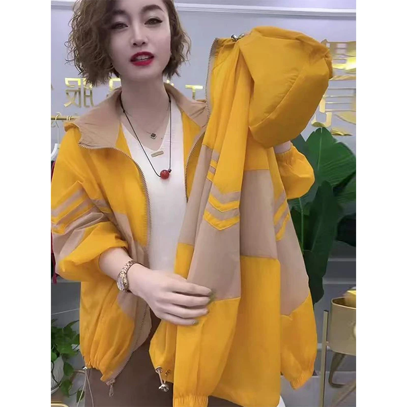 时尚潮流连帽防晒衣女2025夏季新款撞色拼接薄款透气防晒服短外套