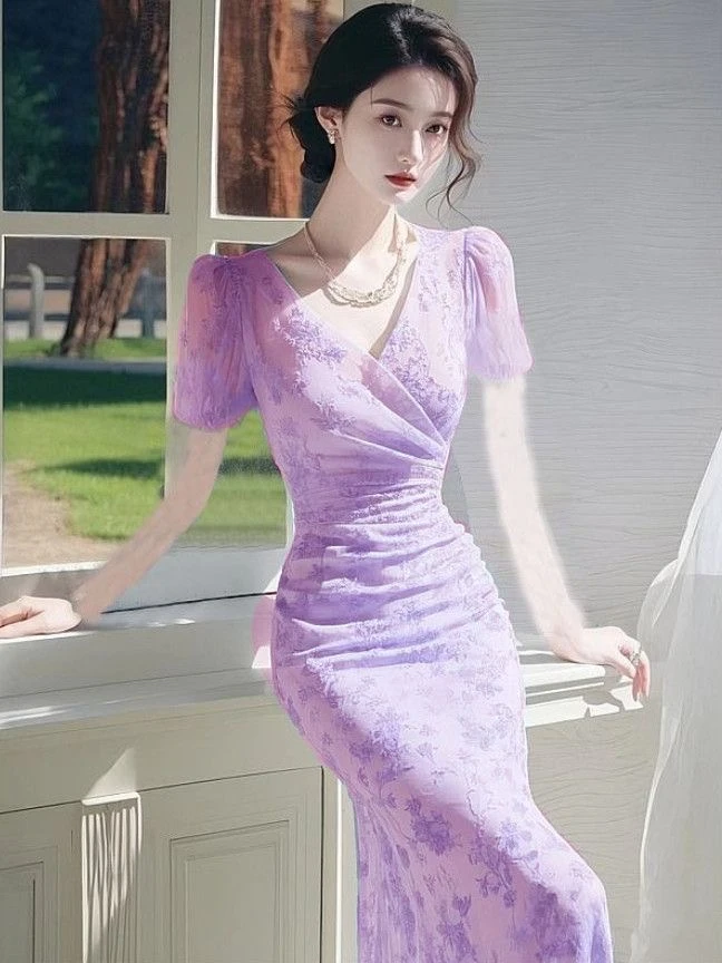 连衣裙法式复古浅紫色仙女裙紫色法式泡泡袖复古长裙