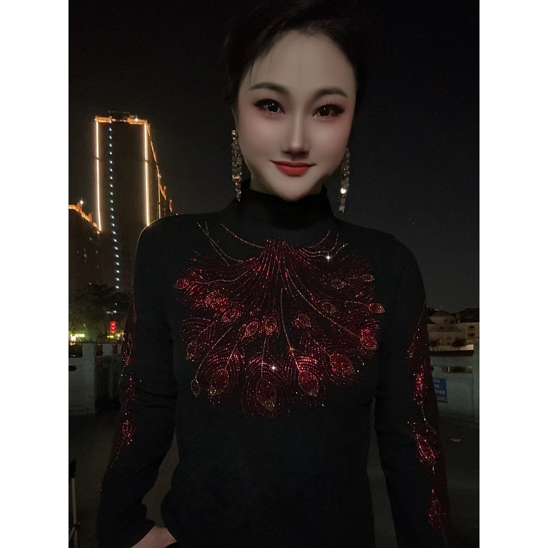 【双色羽翼加绒】打底衫女内搭秋冬新款时尚烫钻上衣