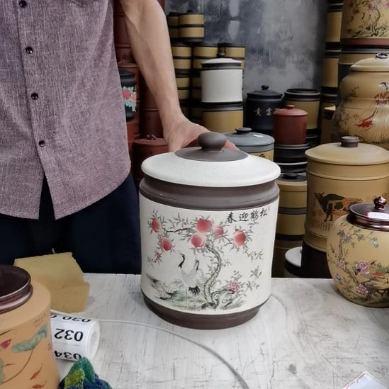 紫砂茶叶罐正品九饼花鸟款6