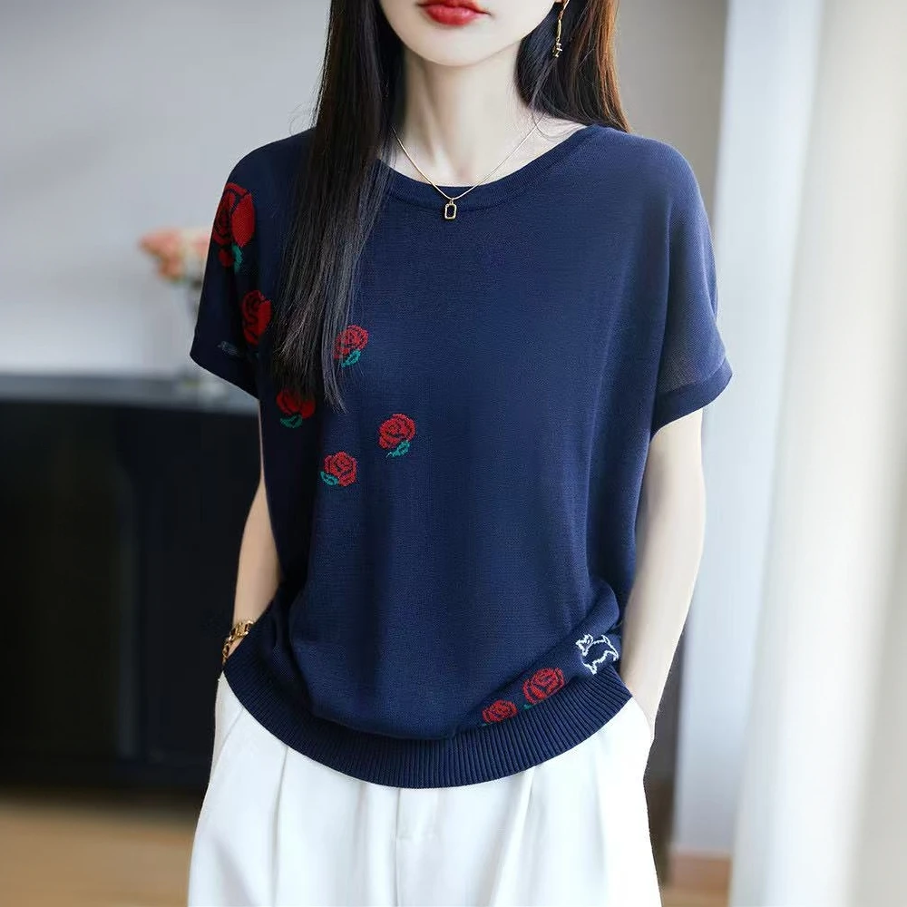 100%莱塞尔天丝 圆领短袖宽松版刺绣玫瑰小狗T桖上衣半袖 2732