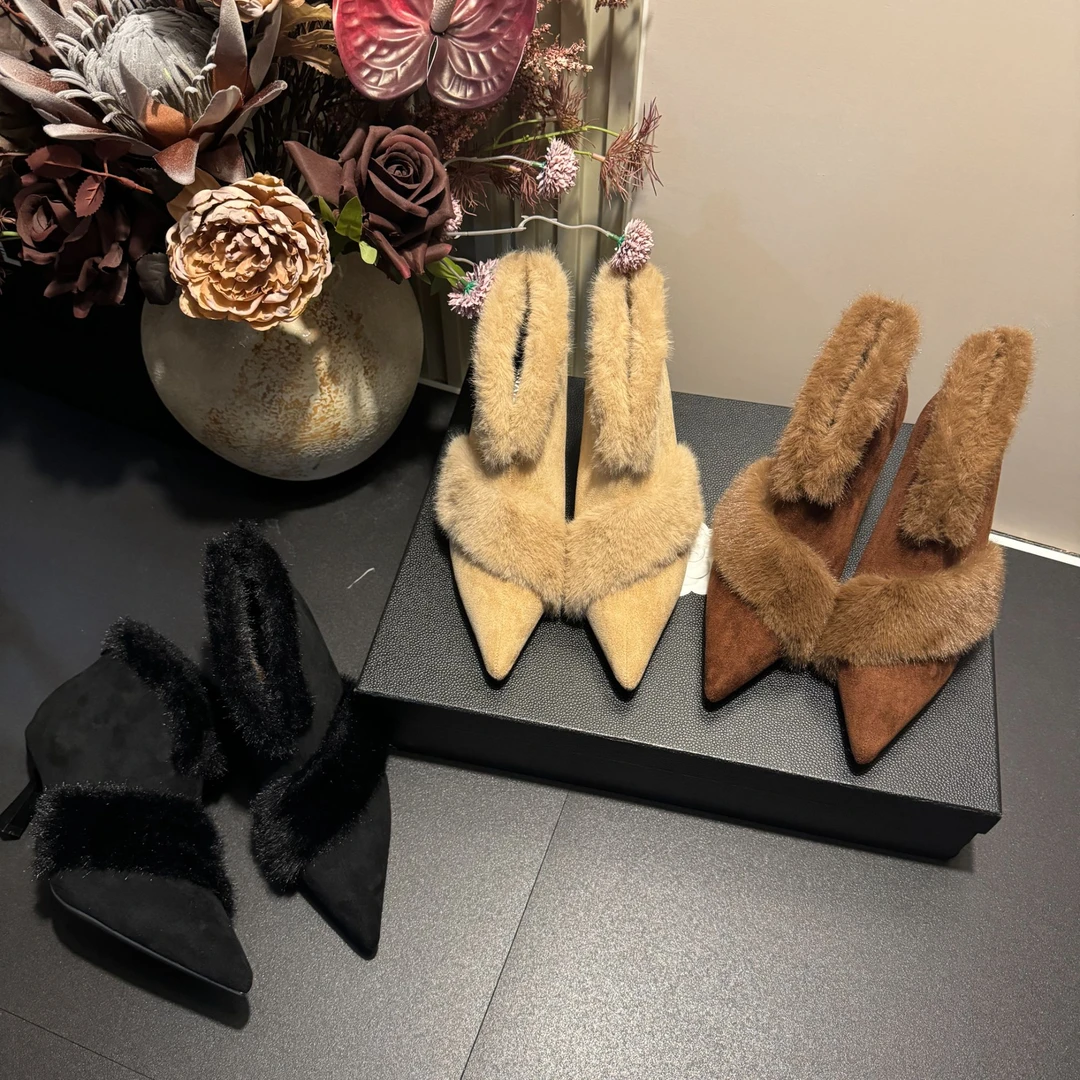 【现现】冬季新款兔毛简约款后拉链气质精致尖头爆款深口防滑高跟鞋