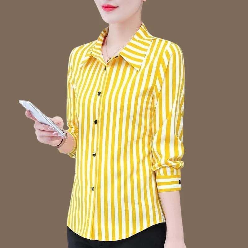 春秋新款条纹长袖衬衫中年妈妈装时尚气质衬衣韩版修身显瘦打底衫