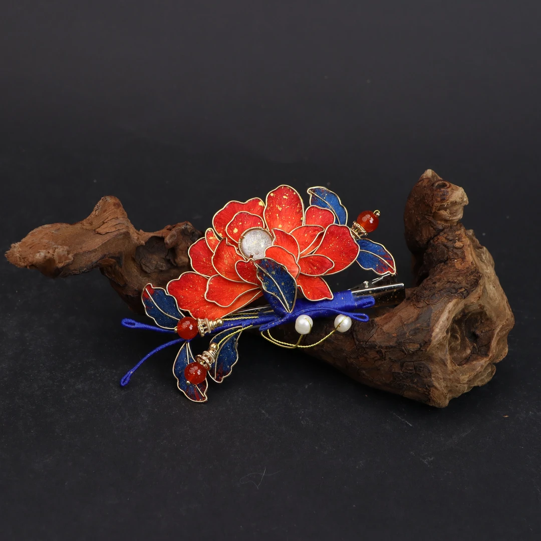 【国色芳华】非遗绒花红牡丹花发夹古风簪百搭头饰发饰超仙桑蚕丝