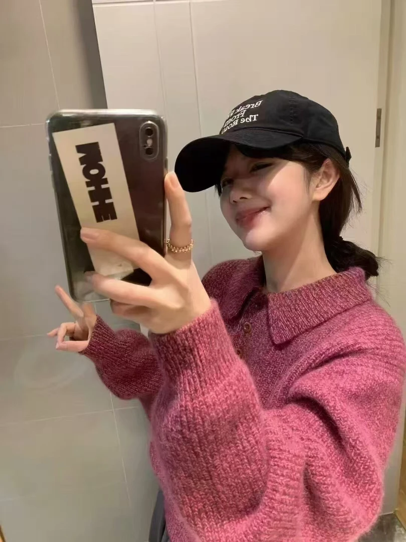 红色韩版春季加厚日系上衣慵懒风翻领毛针织衫网红