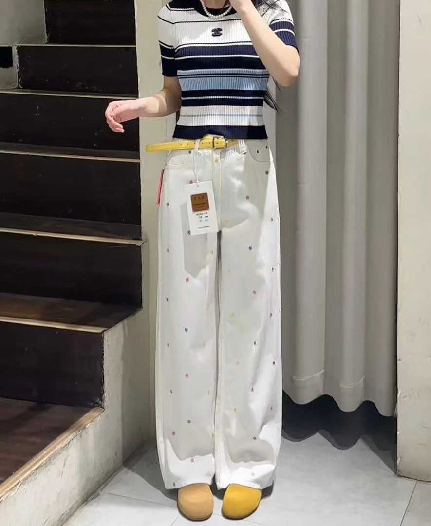 2025年夏季薄款小花刺绣阔腿裤显瘦气质高腰直筒#3303