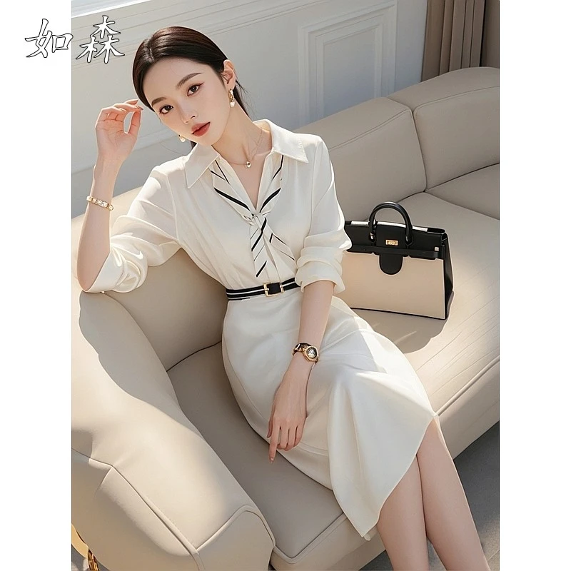 春季法式轻奢高级感超好看正式场合气质收腰白色衬衫连衣裙子女夏