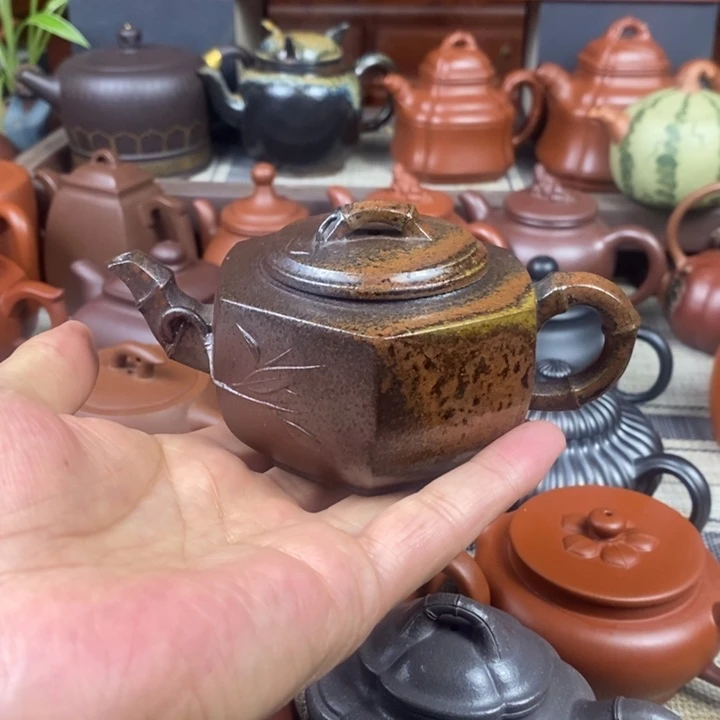 茶壶紫砂六方竹节180CC原矿老紫泥柴烧工艺特价