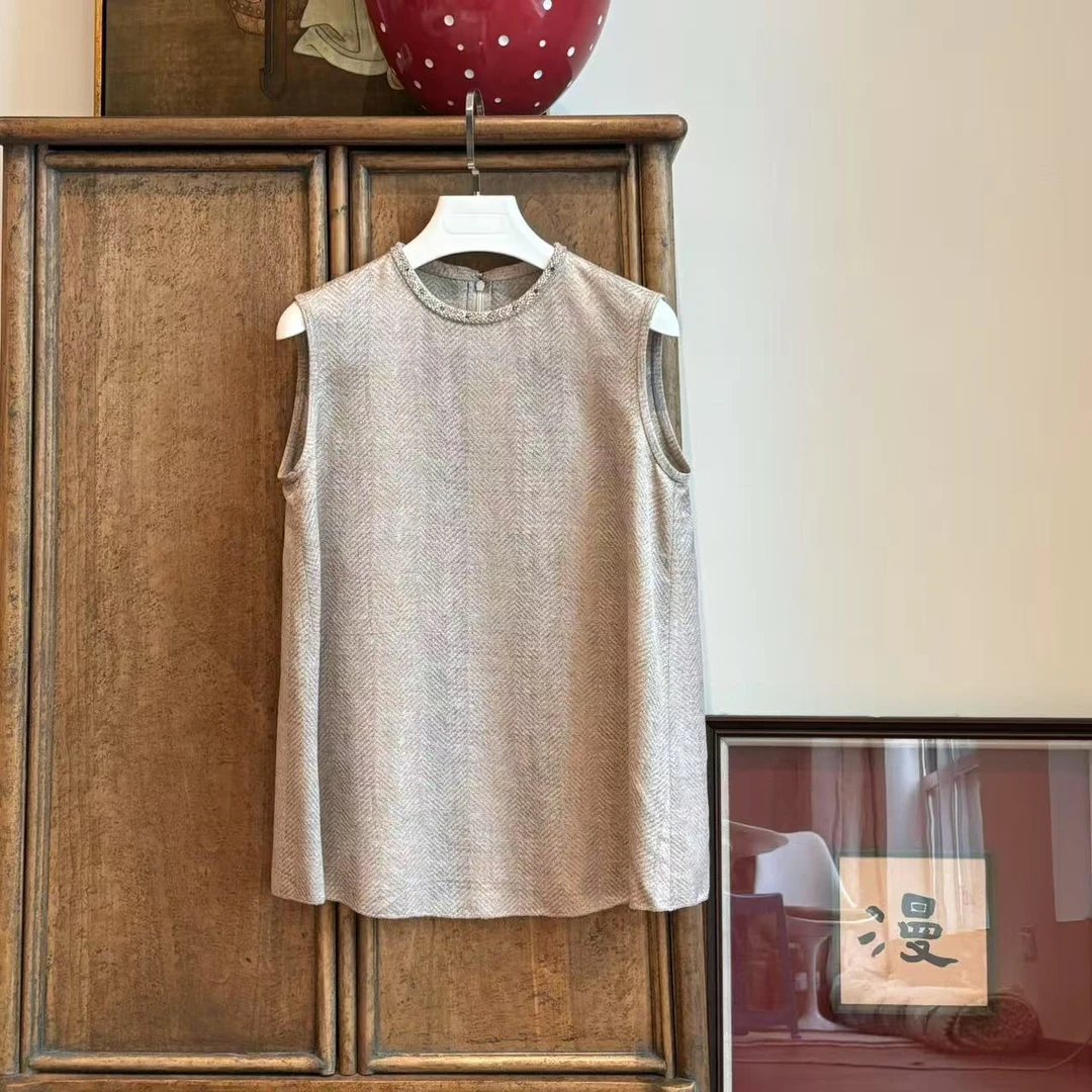 MYL 2025年夏季新款灰色粘纤后拉链背心马甲无袖钉珠圆领马夹上衣