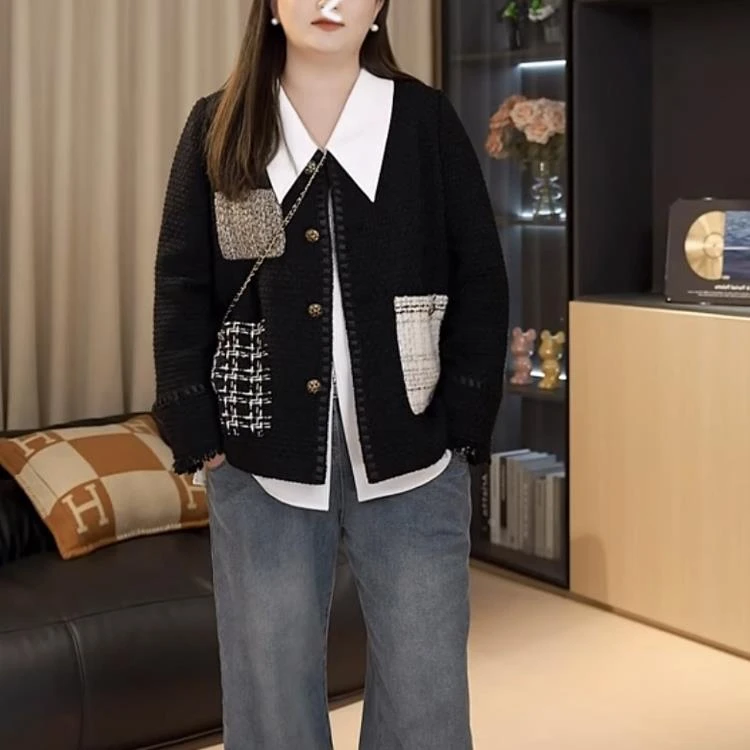 胖佳大码高级感气质撞色小香风外套女秋胖mm法式名媛显瘦开衫上衣