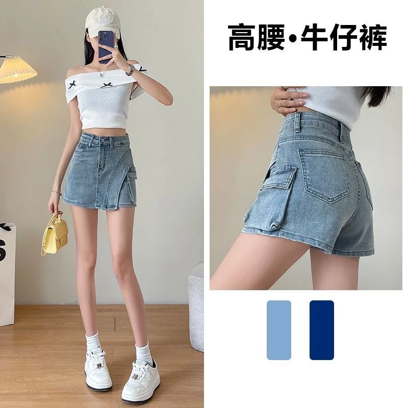 韩版夏季三分女式蓝色高腰裙裤洋气牛仔欧若假日风