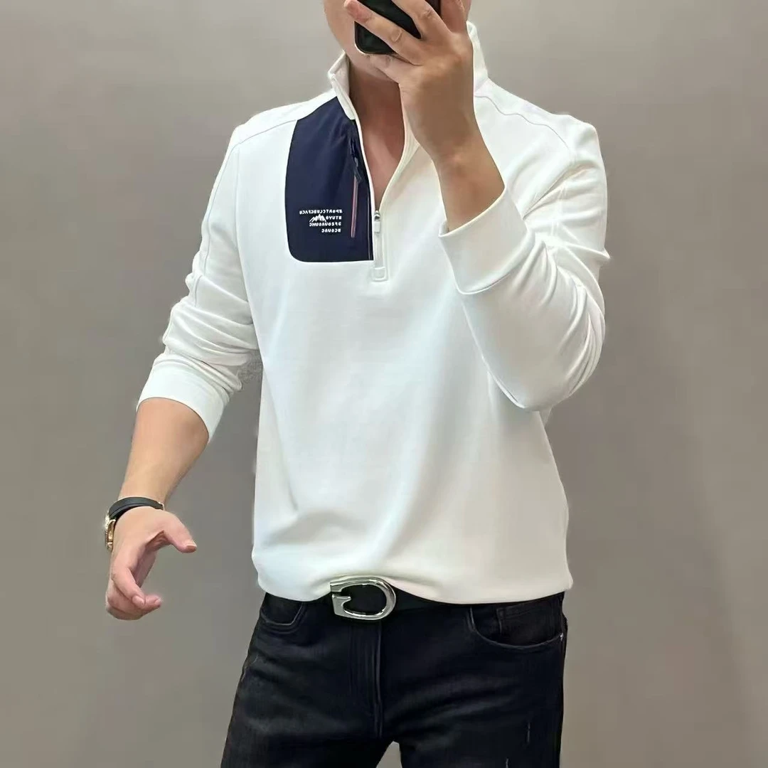 新款高端男士时尚休闲半拉链拼接立领卫衣