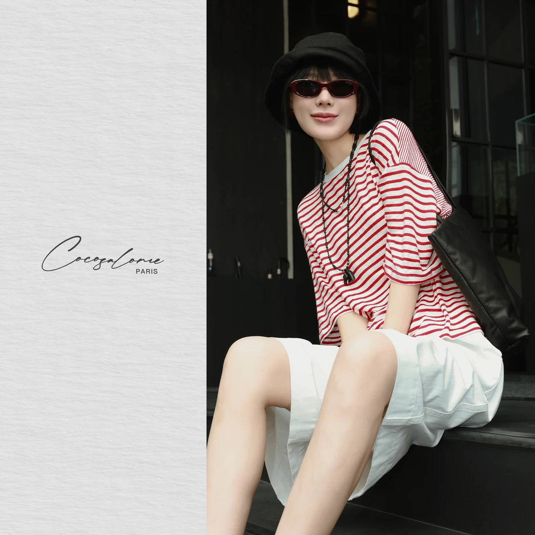 韩彬彬"条纹控"亚麻天然红条纹减龄恋夏风显白百搭背心短袖1525-2