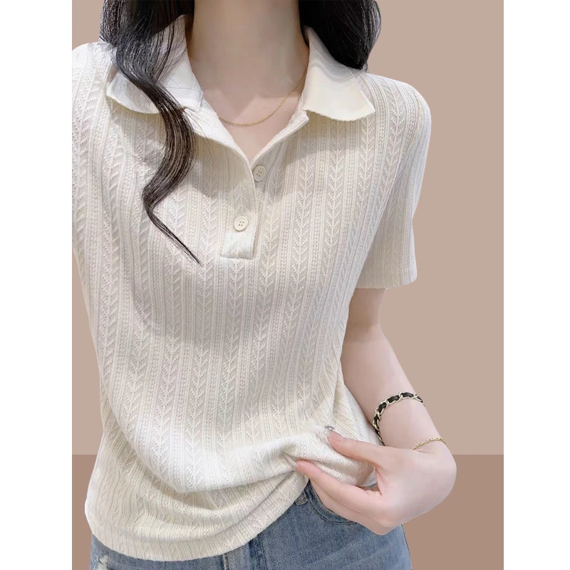 正肩针织polo领t恤女短袖夏季2025新款薄款设计感小众冰丝上衣潮