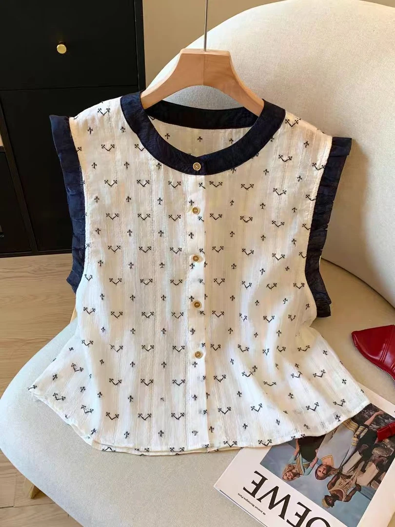 时尚小众无袖圆领小衫夏季拼接衬衫短款木耳设计感碎花洋气薄款