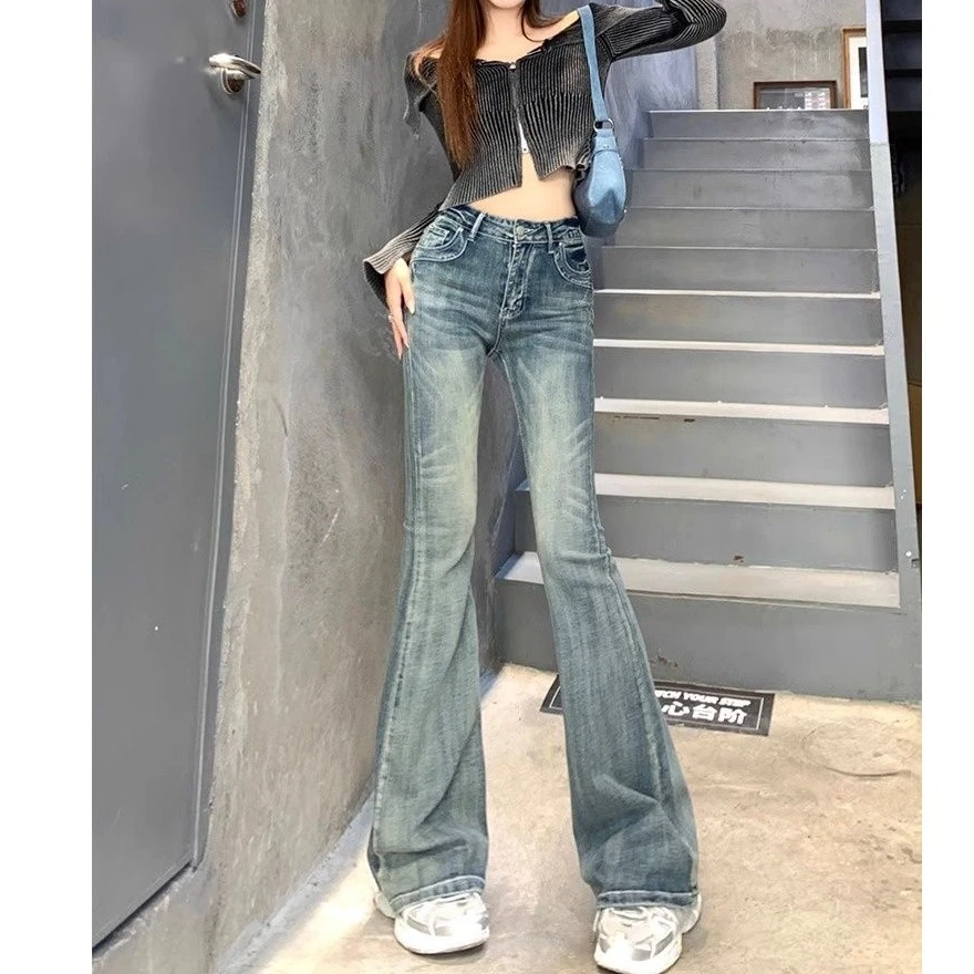 复古蓝中高腰微喇牛仔裤女修身显瘦提臀弹力高个子马蹄裤拖地长裤