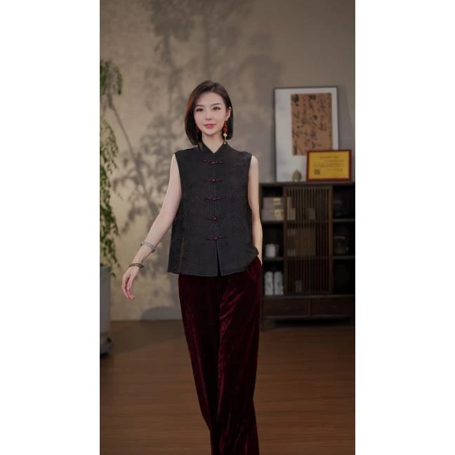 GONG QUE【红豆】 新中式香云纱海水纹提花马甲 241910