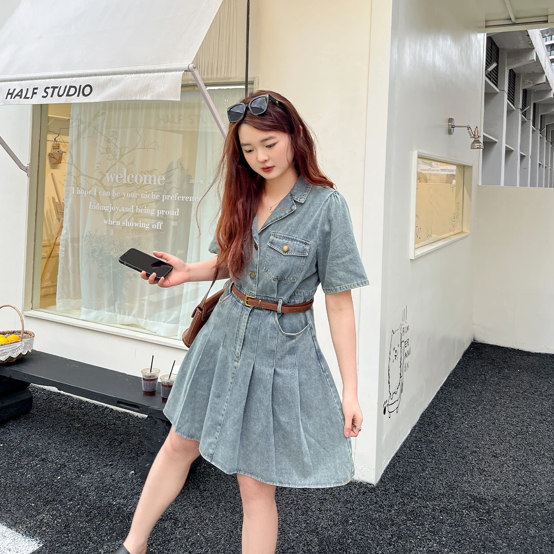 大码百分百夏季女装复古收腰胖妹妹显瘦连衣裙牛仔裙百褶裙子0641