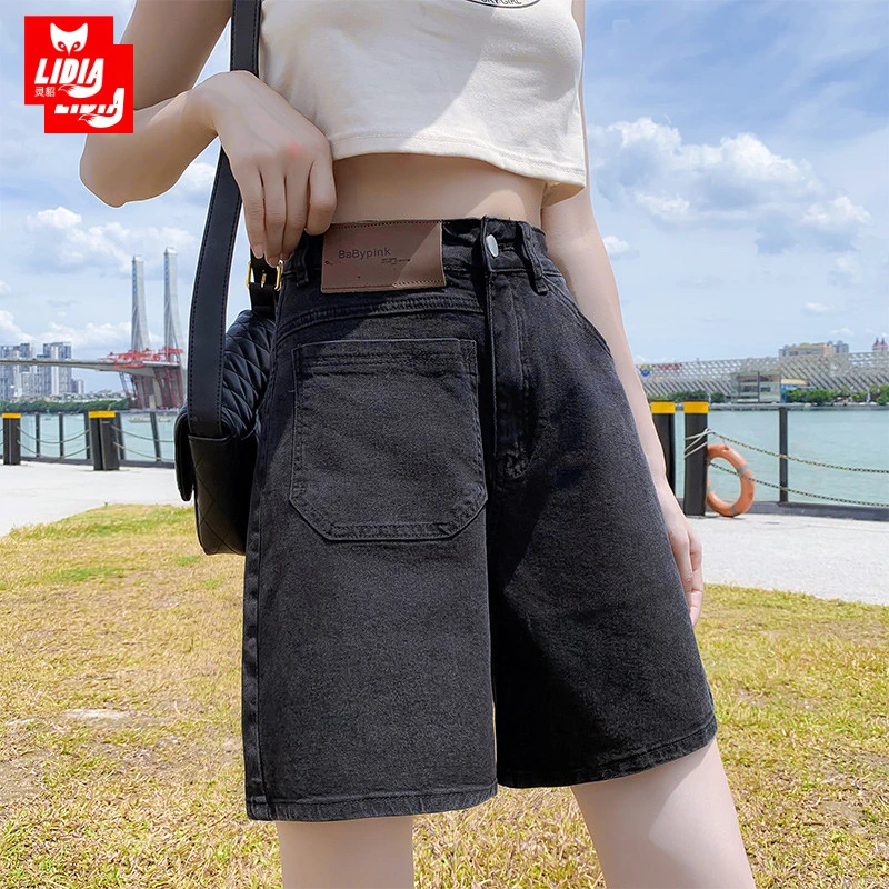 黑色五分裤牛仔短裤女夏季2025新款小个子高腰显瘦宽松阔腿中裤子