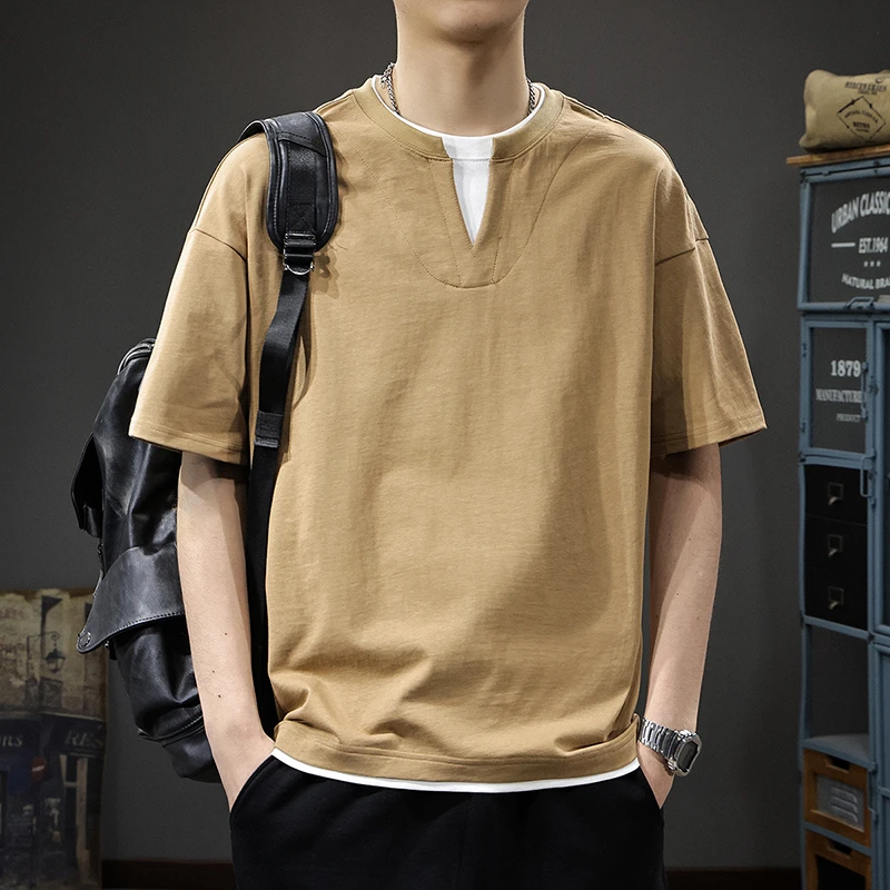 aoyu/遨宇2025新款港风休闲假两件短袖t恤男夏季重磅大码纯棉体恤