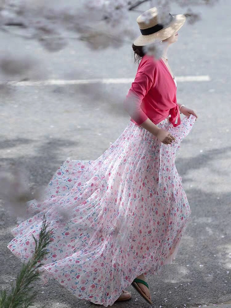 印花半身裙2025夏文艺浪漫荷叶边裙肌理感雪纺薄款碎花松紧腰裙子