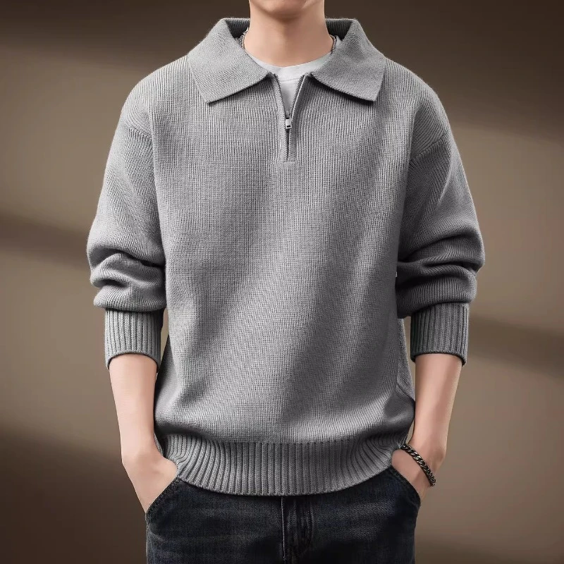 高端法式翻领Polo领毛衣男士冬季半拉链轻熟风休闲针织衫内搭上衣