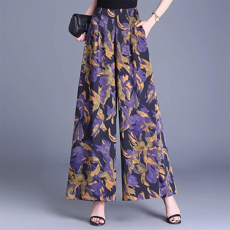 印花洋气醋酸阔腿裤女夏季2025新款薄款宽松垂感中老年大脚裤裙裤