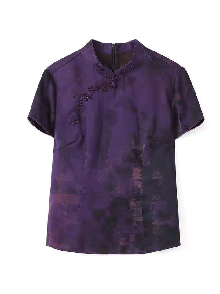 夏季新中式女紫色香云纱花萝桑蚕丝短袖复古中国风气质妈妈装1891