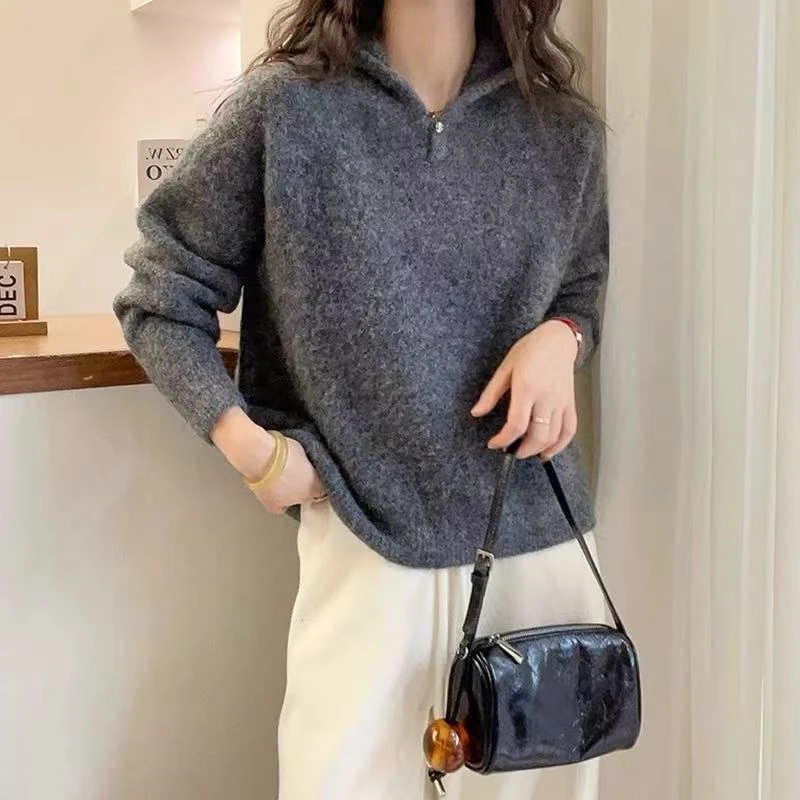 /一粒扣帽衫/灰色慵懒连帽加厚宽松针织毛衣 衣长56 胸围55 93791