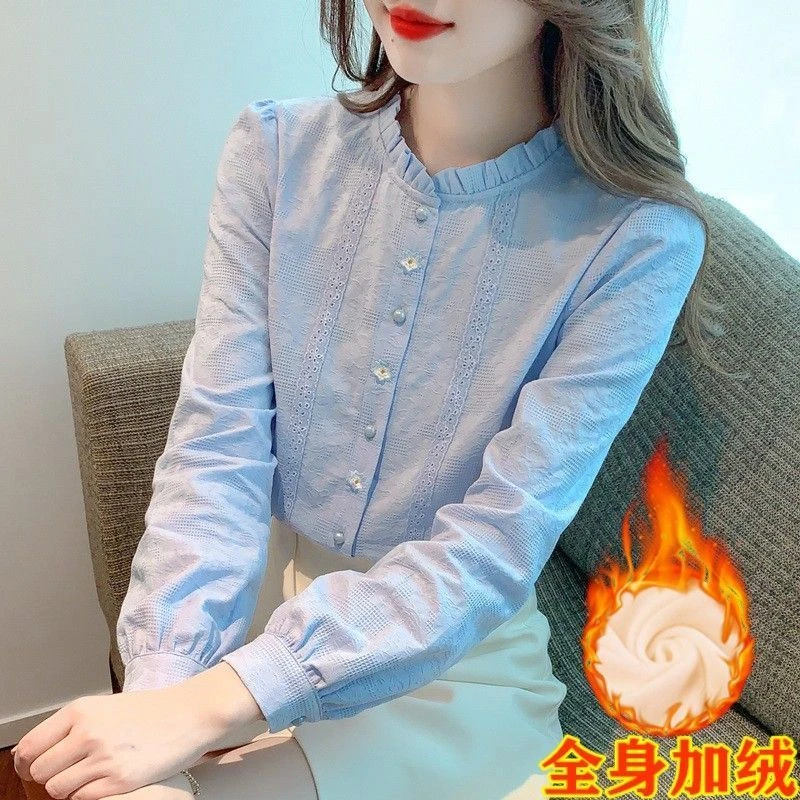 秋冬装年新款减龄刺绣提花纯棉衬衫女洋气全棉木耳领加绒上衣