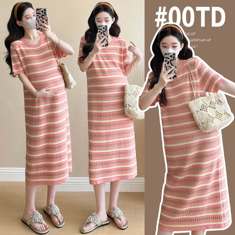 孕妇装夏日多巴胺穿搭冰丝针织时尚洋气提花正肩套头短袖连衣裙女