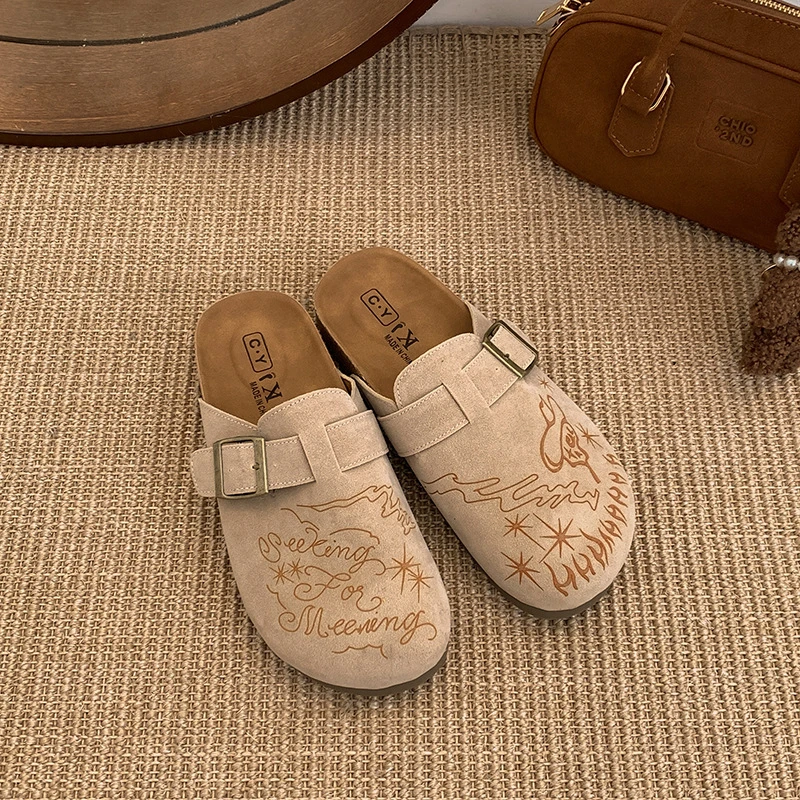 涂鸦复古轻便厚底木穆勒博肯包头拖鞋外穿百搭一脚蹬勃肯鞋女鞋
