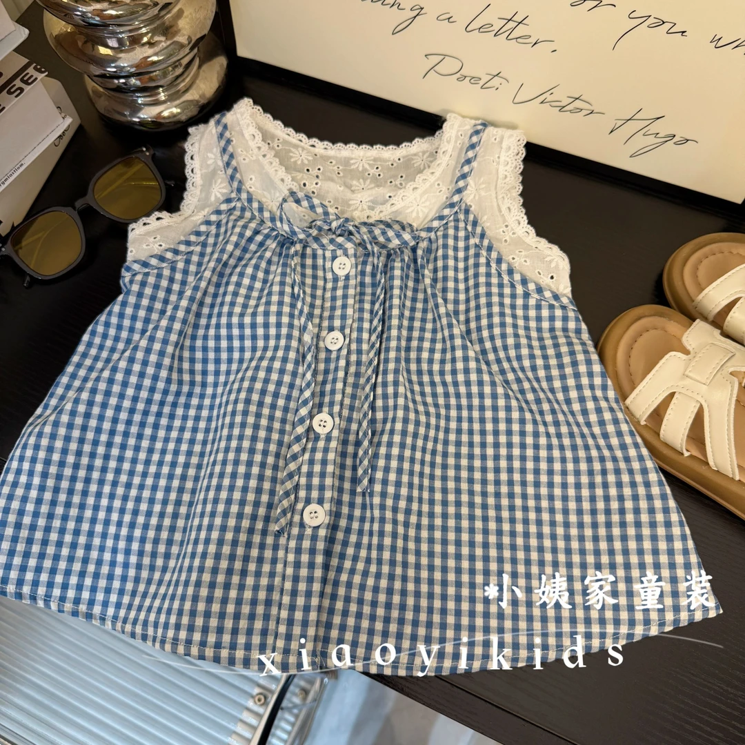 女童短袖T恤2025夏季新款蕾丝假两件无袖儿童蓝色格子上衣