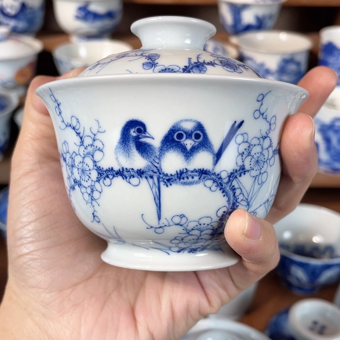 泥藝瓷梦花鸟盖碗