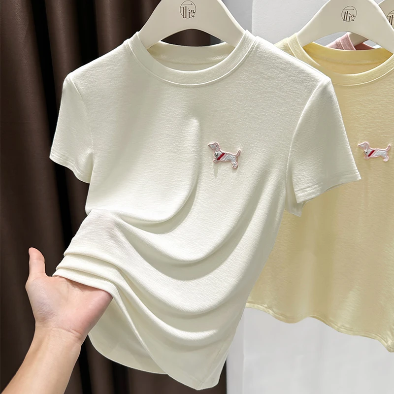 米白圆领正肩修身针织上衣夏季新款刺绣简约短袖T恤薄款打底内搭