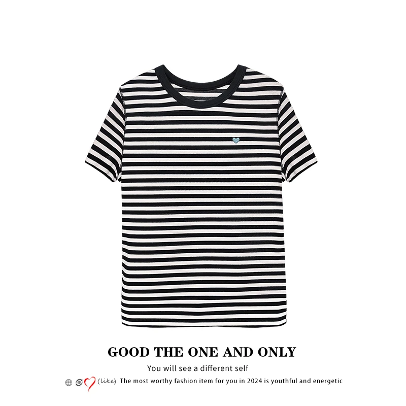 时尚欧货简约撞色拼接刺绣精密条纹T恤103440【T】