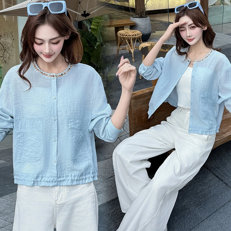 时尚短款圆领外套女2025年夏季新款韩版气质通勤薄款女装潮流上衣